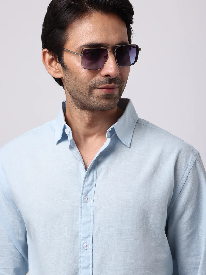 Maniac Maniac Solid Mens Collared Neck Full Sleeve Cotton Linen Sky Blue Shirt